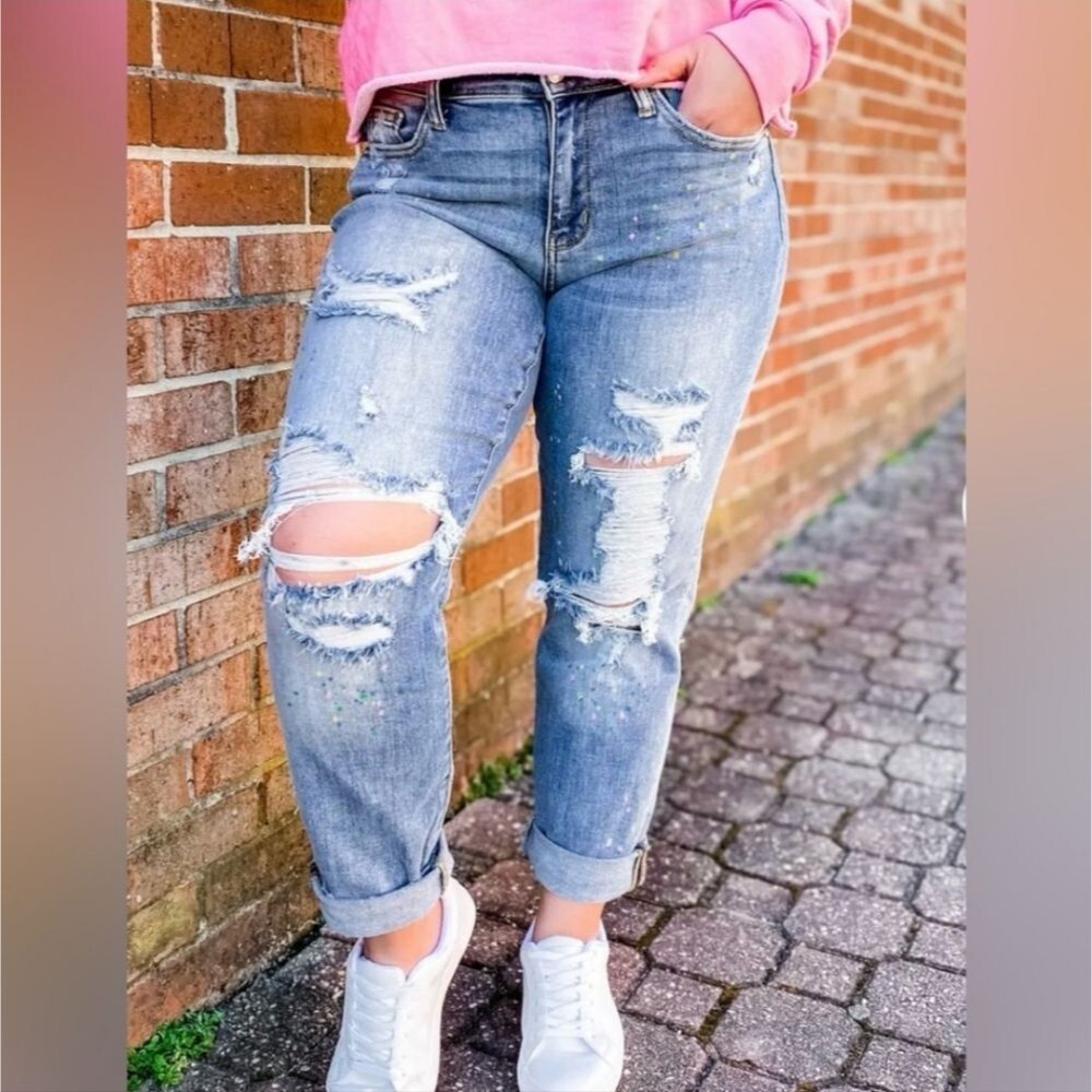Judy Blue Boyfriend Distressed Paint Splatter Slim Boyfriend Fit Blue Jeans 5/27